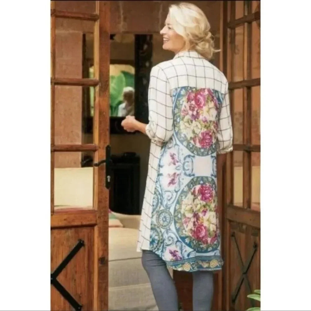 Soft Surroundings Gardenside Windowpane Cream Floral‎ Tunic Shirt Dress XS